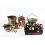 Collection of Five Items of Copper and Brass including Jam Pan, Small Copper Coal Scuttle, Two