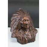 Plaster Bust of a Native American Chief in Full Head Dress