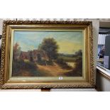Late 19th / Early 20th century Landscape Oil on Canvas, Woman outside Country Cottage, signed H