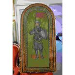 Large Domed Top Painting on Textured Fabric of a Medieval Knight in Armour, 155cms high x 79cms