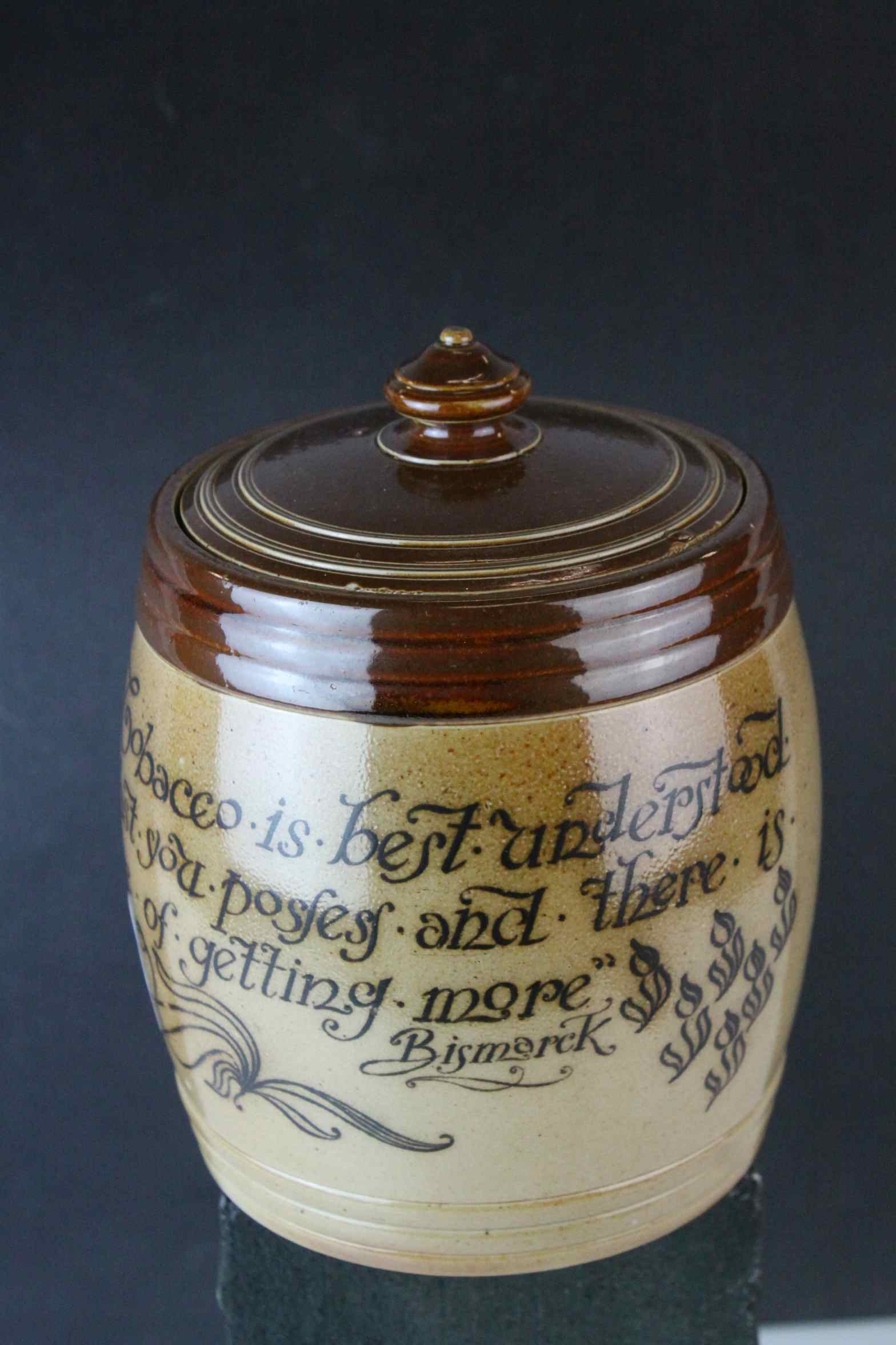 Late 19th Century Doulton Lambeth stoneware salt glazed tobacco jar with the motto `The value of - Image 3 of 11