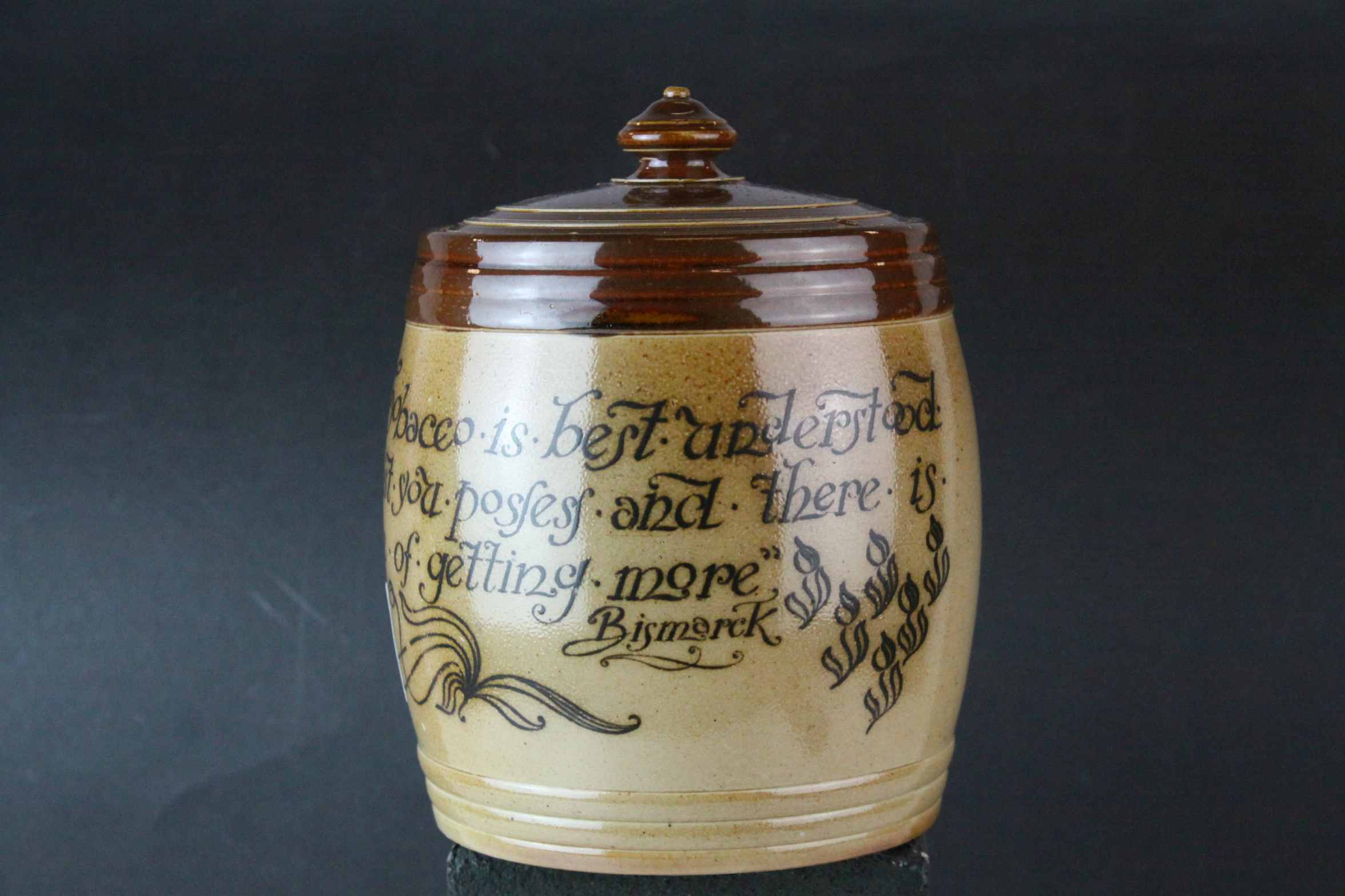 Late 19th Century Doulton Lambeth stoneware salt glazed tobacco jar with the motto `The value of - Image 2 of 11