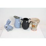 A Denby style blue rabbit, Charlotte Rhead jug, Basalt coffee pot no lid and Victorian jug.