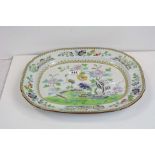 A 19th century Davenport ironstone meat plate platter with coloured decoration of a stork in a