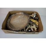 Box of Silver Plate to include Trays, Walker & Hall, Cutlery, Knife Rests, etc