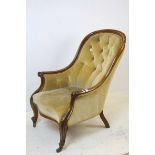 19th century Mahogany Show Frame Armchair with scrolling arms and legs, with button back mustard