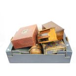 Collection of Boxes including a Victorian Red Leather Covered Writing Slope, Marquetry Inlaid Box,