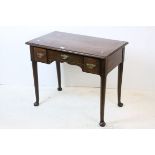 18th century style Mahogany Three Drawer Lowboy, raised on turned legs with pad feet, 88cms wide x