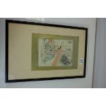 Signed Antique Japanese Woodblock of Artist creating a Woodblock Painting