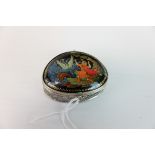 Eastern European White Metal Filigree Pill Box with enamelled decorated man with bow and swan,