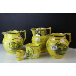 Three 19th century Yellow Ground Pottery Jugs with Lustre and Transfer Printed Decoration together