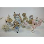 Collection of Ten Crinoline Figures and Dancing Ladies including Dresden and Japanese, tallest