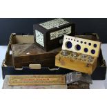 Various Treen items to include Artist Paint Box, Brass Weights in own Box, plus other Boxes etc