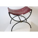 Egyptian Revival Black Metal X-Frame Stool, with pink vinyl seat, 52cms wide x 49cms high