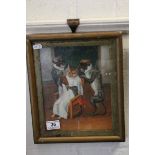 Gilt Framed Oil on Board Humorous Scene with Cat and Monkeys ' The Barbers '