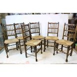 Set of Six Oak Dining Chairs with Turned Spindle Backs and rush seats