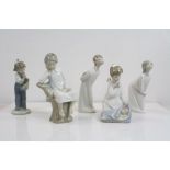 Four Lladro figures to include child with baby,child seated reading two other figures of girls and a