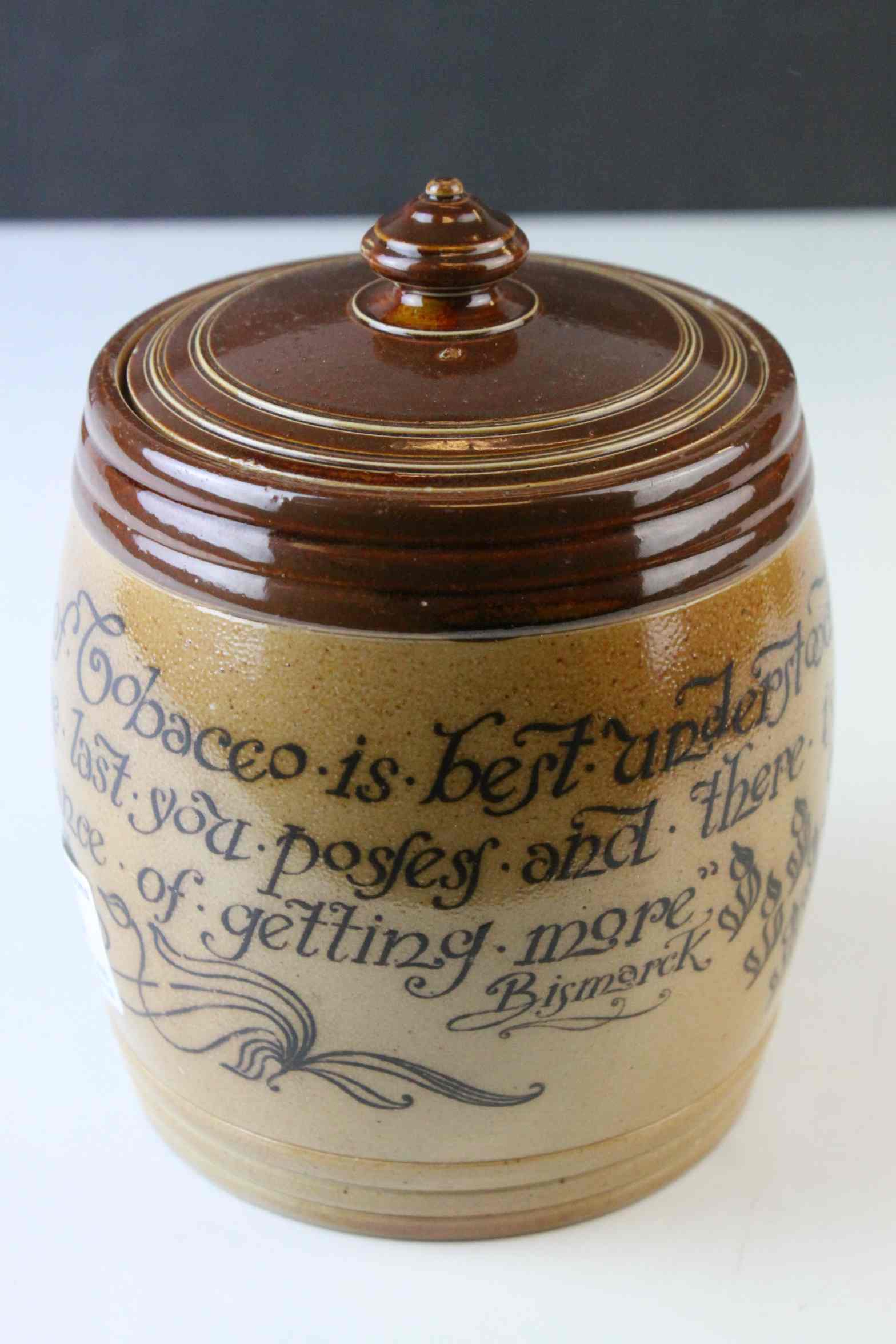 Late 19th Century Doulton Lambeth stoneware salt glazed tobacco jar with the motto `The value of - Image 11 of 11