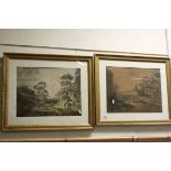 A pair of 19th century coloured aquatints horse and cart and figures by a river rural, 34cms x 44cms