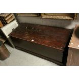 19th century Stained Pine Blanket Box, the hinged lid opening to reveal a candle tray, raised on