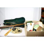 Two Boxes of Mixed Items including Green Glass Light Shade, Silver Plate, Barometer, Spirit Level,