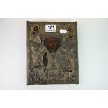 Russian Religious Icon, painted to the wooden panel with brass overlay