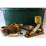 Large Box of Hand Turned Wooden Items including Cups, Bowls, Goblets, Boxes, Wood Plane, Figures,