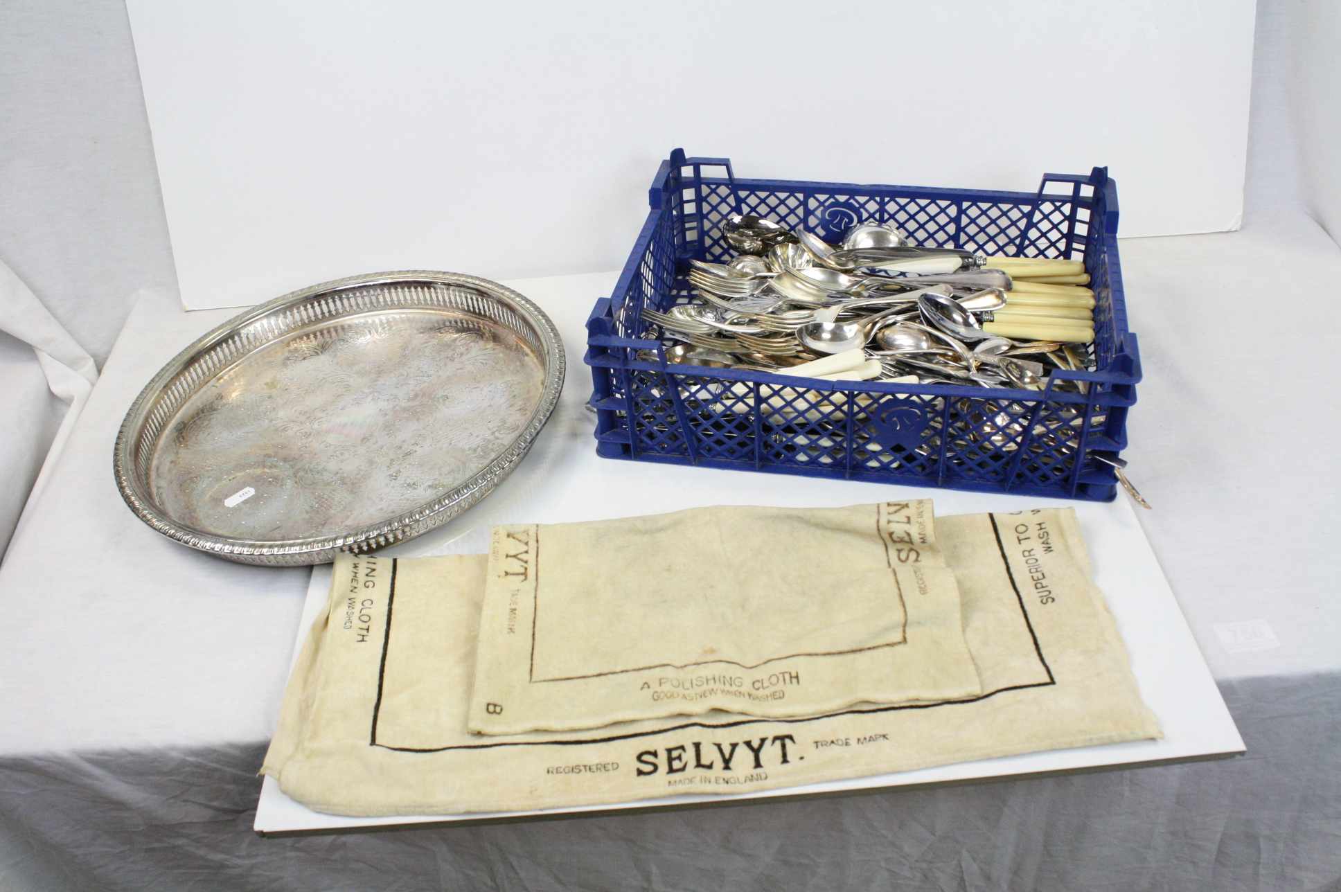 Box of Silver Plated Cutlery and a Circular Tray