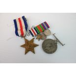 Two World War II Medals together with a Bar holding Three Miniature World War II Medals