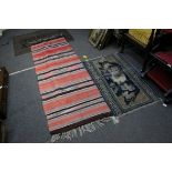 Small Chinese Blue and Cream Ground Rug 115cms x 67cms together with a Muli-colour striped Runner,