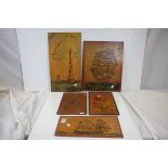Four Naive Etched and Painted Images on Boards of Tea Chests including Sailing Ship and a