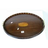 Mahogany Oval Serving Tray with marquetry fan and chequer gallery, with twin brass handles, 60cms