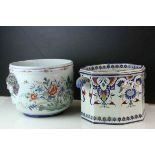 French Gien Faience Pottery Jardiniere / Planter of octagonal form, 18cms high together with Tin