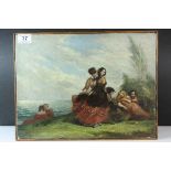 Oil on Canvas depicting 19th century Figures near the Water's Edge, 30cms x 40cms