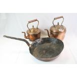 Two Antique 19th century Copper Kettles and a Large Copper Pan