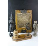 Mixed Lot including Carved Wooden Japanese Warrior, Carved Soapstone Figure, Metal Bird on a