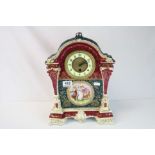 A 20th century ceramic clock decorated with figures with single train movement.