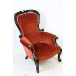 Mid Victorian Mahogany part show frame Spoon Back Armchair with pink / orange velour upholstery,
