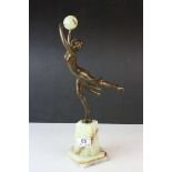 Bronze Effect Art Deco Style Figurine holding an Onyx Ball and stood on an Onyx Plinth, 36cms high