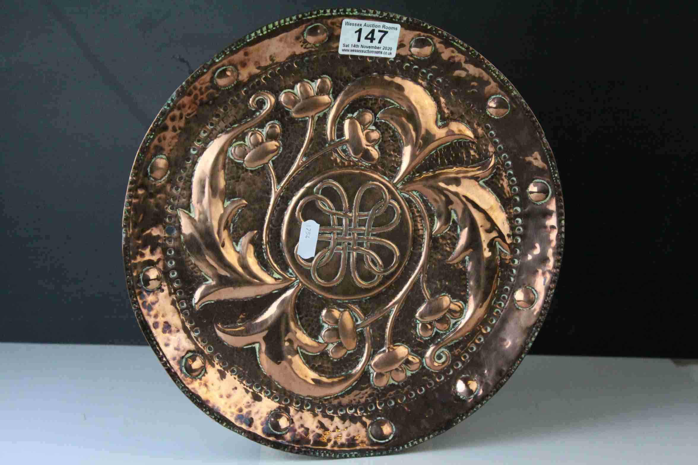 Arts and Crafts John Pearson Copper Circular Tray, flower and foliage repousse decoration , marked - Image 3 of 7