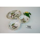 Three Items of Herend Ceramics including a Butterfly on a Leaf, 8cms long, an Oval Dish decorated