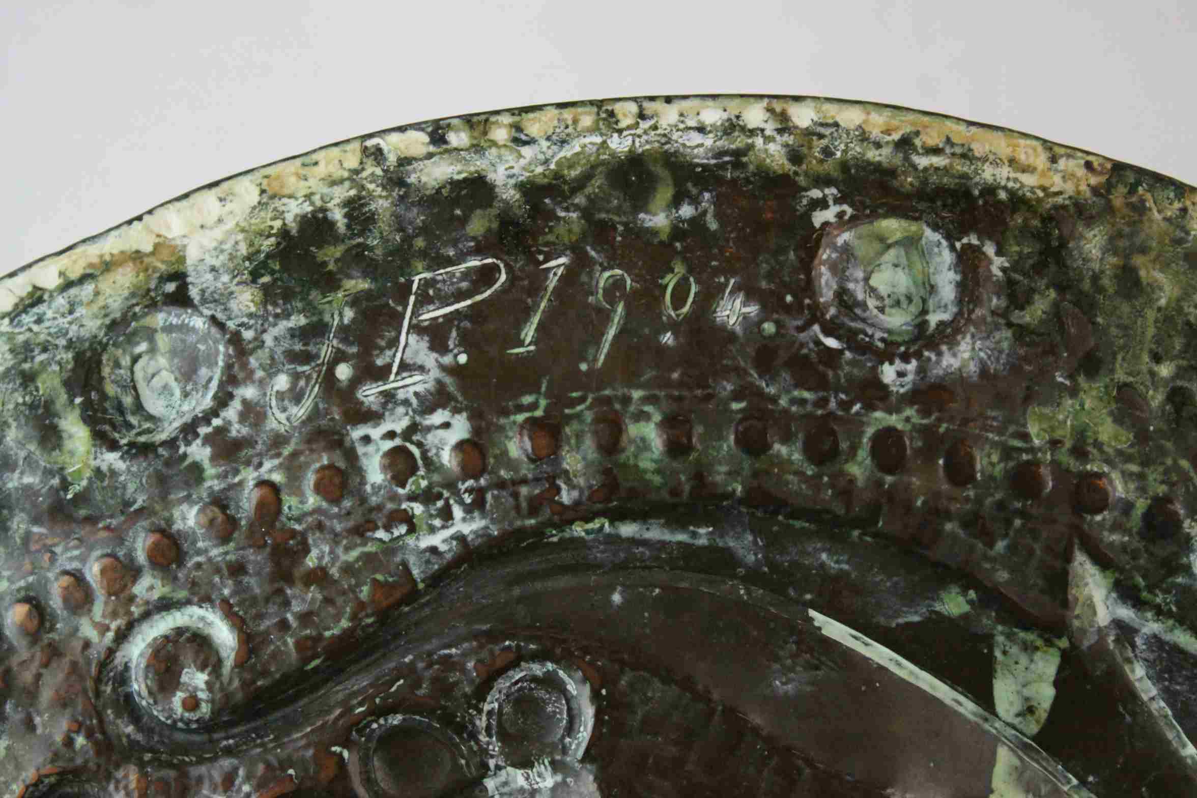 Arts and Crafts John Pearson Copper Circular Tray, flower and foliage repousse decoration , marked - Image 6 of 7