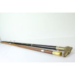 Malacca Walking Stick with Yellow Metal covered Handle together with another Walking Stick with