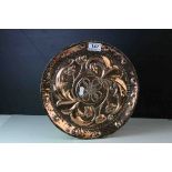 Arts and Crafts John Pearson Copper Circular Tray, flower and foliage repousse decoration , marked