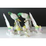 Pair of Chelsea Porcelain Parakeets with Gold Anchor marks, 20cms high, Two Crown Staffordshire