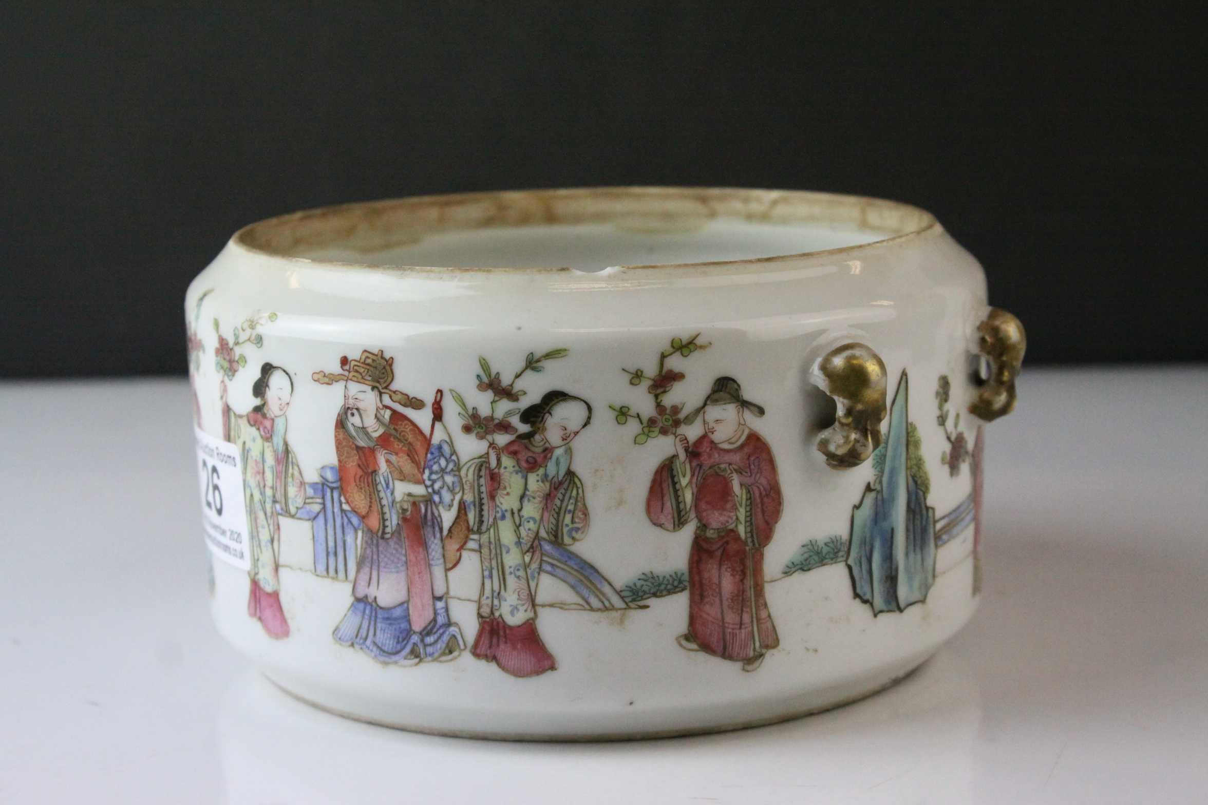 Chinese Famille Rose Bowl, decorated in enamels with a continuous line of figures, two pairs of loop