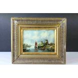 Gilt Framed Oil on Panel of a Dutch River Landscape with Figures in Boats and Windmills beyond