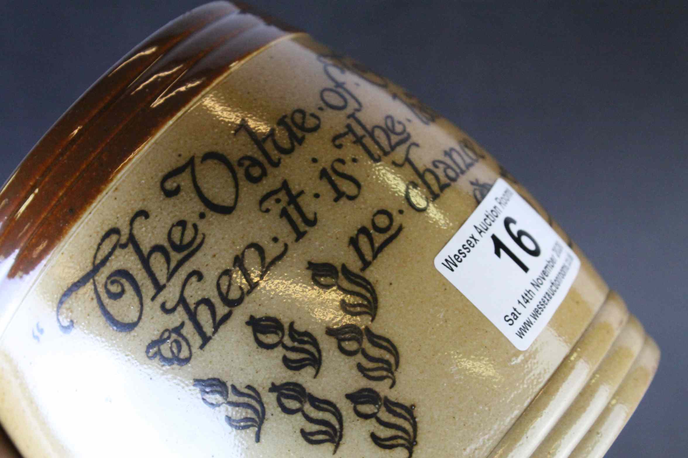 Late 19th Century Doulton Lambeth stoneware salt glazed tobacco jar with the motto `The value of - Image 9 of 11