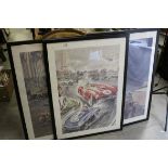 Three framed George Ham prints of vintage cars racing..