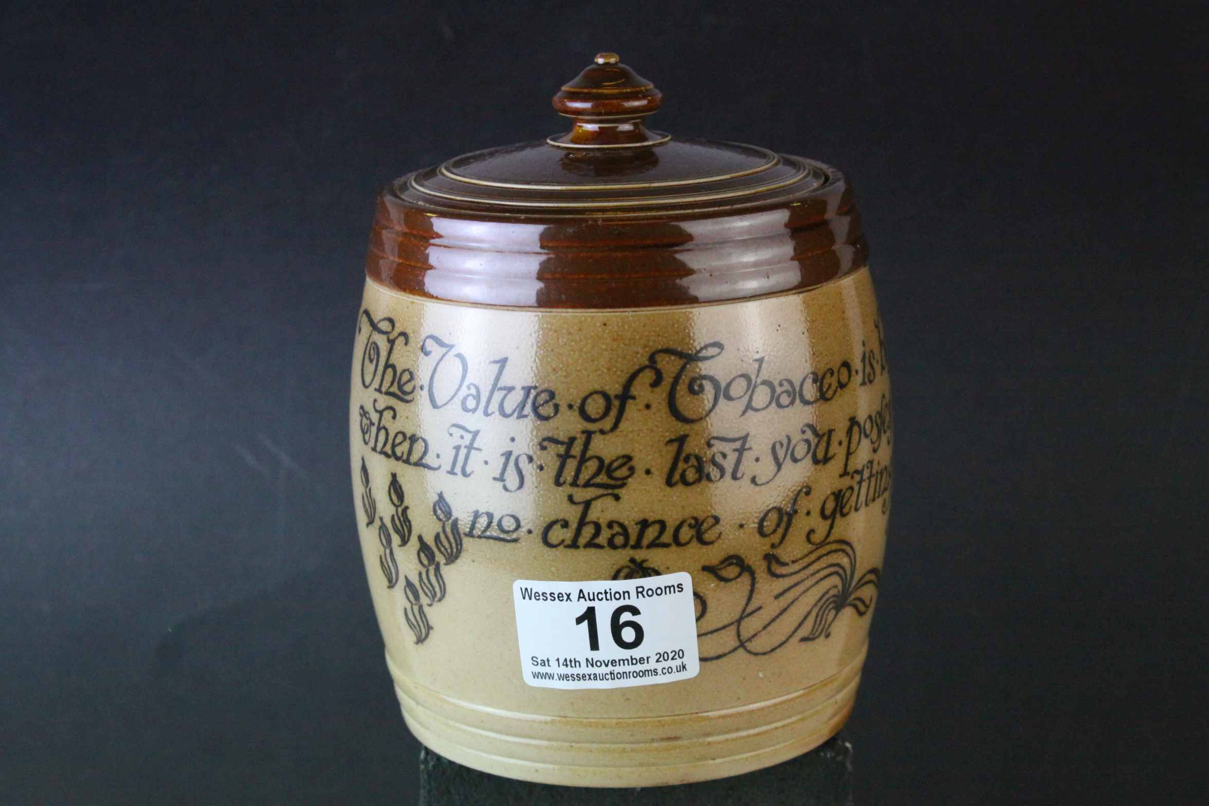 Late 19th Century Doulton Lambeth stoneware salt glazed tobacco jar with the motto `The value of